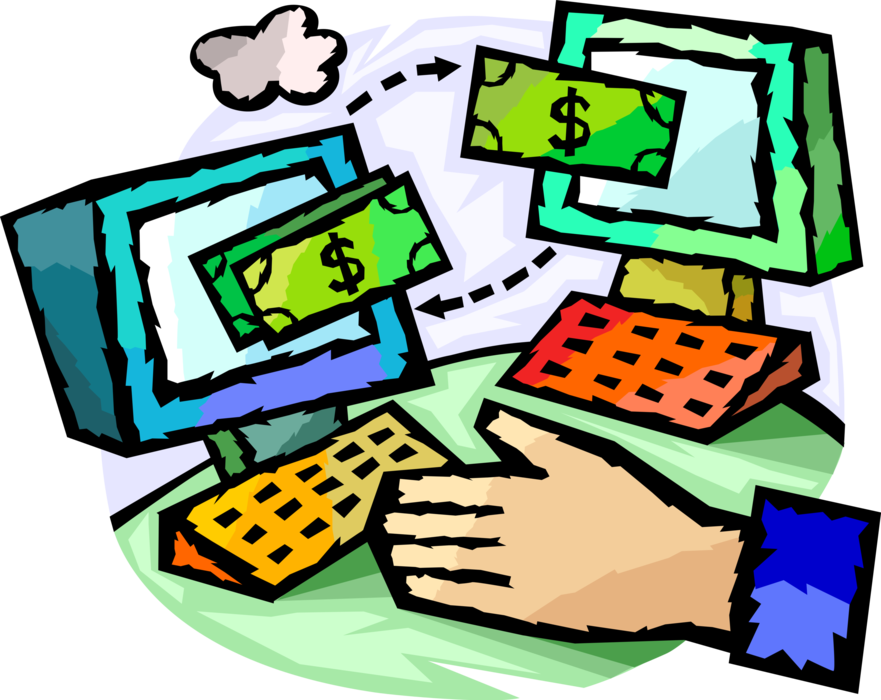 Vector Illustration of Online Financial Banking Transactions and Cash Money Dollar Transfers via Secure Computer Network