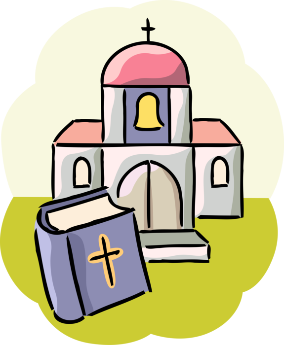 Vector Illustration of Christian Religion Church House of Worship with Holy Bible Book as Printed Word of God