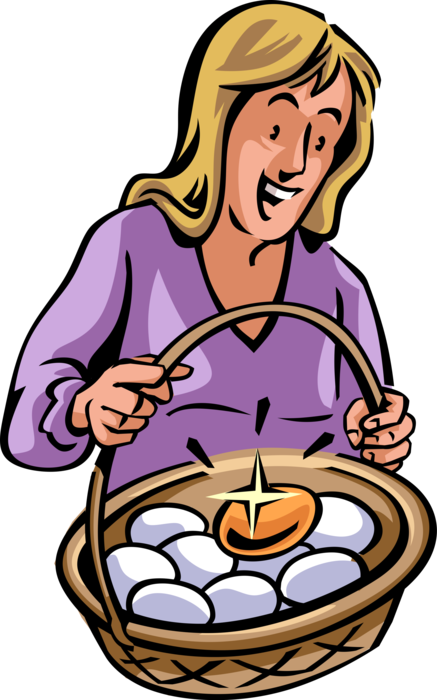 Vector Illustration of Excited Businesswoman Overjoyed with Golden Nest Egg in Basket of Chicken Eggs