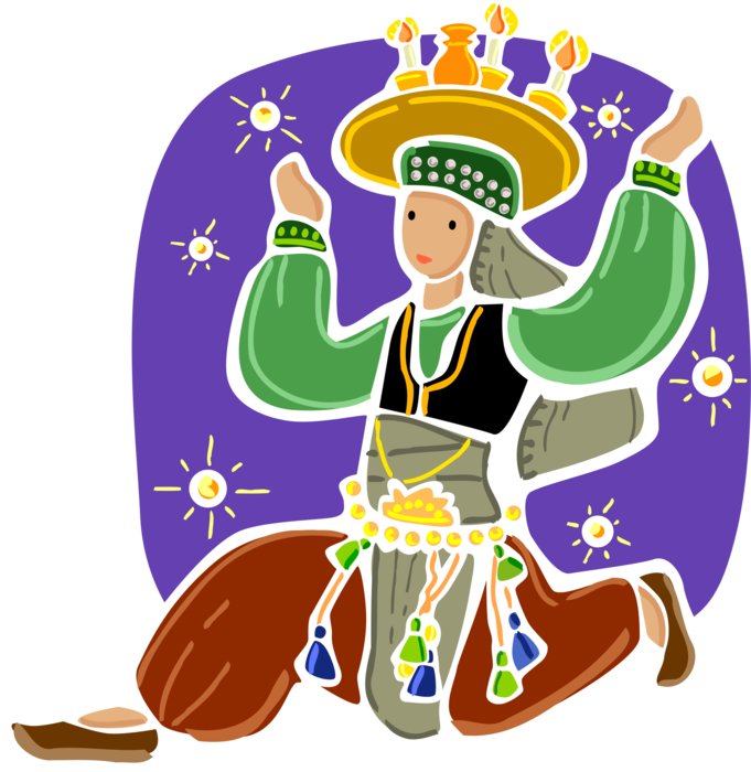 Vector Illustration of Traditional Sheikhat Dancer of Morocco Dancing with Balanced Tray of Candles and Tea Pot