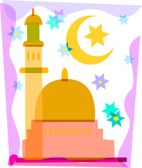 Vector Illustration of Islamic Mosque Muslim or Moslem Temple Place of Public Worship in Islam with Minaret Towers