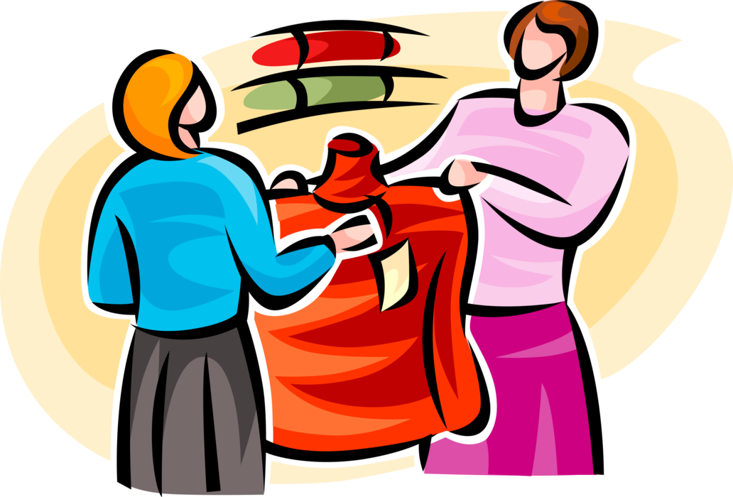 Vector Illustration of Customer Shopping for Clothes Apparel Garment with Retail Sales Clerk in Store