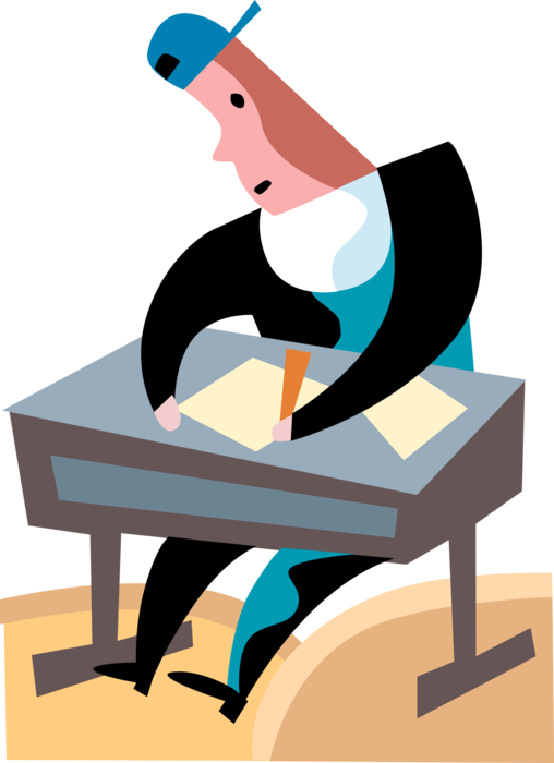 Vector Illustration of High School Student Works at Desk in Classroom with Pencil Writing Instrument