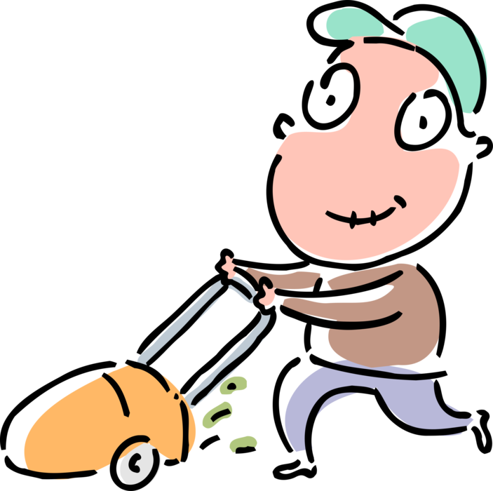 Vector Illustration of Lawn Care Worker Cutting Grass with Lawn Mower