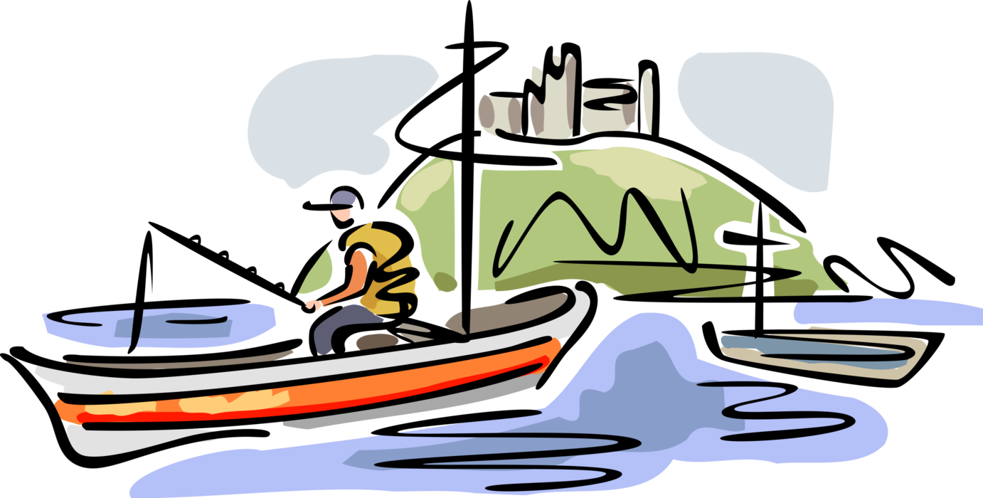 Vector Illustration of Sport Fisherman Angler Fishing in Boat on Water with Medieval Castle on Hill