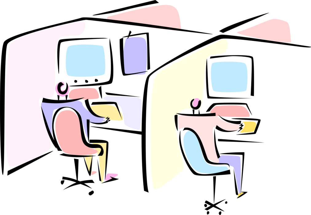 Vector Illustration of Office Coworkers in Cubicles Work with Computers