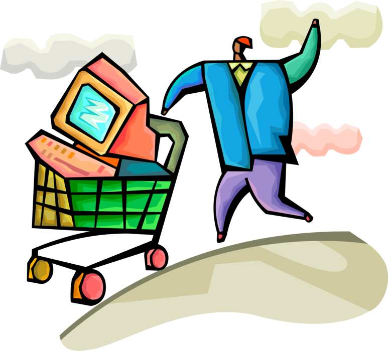 Vector Illustration of Internet Shopper Purchases Goods and Services Through Online Transactions with Shopping Cart