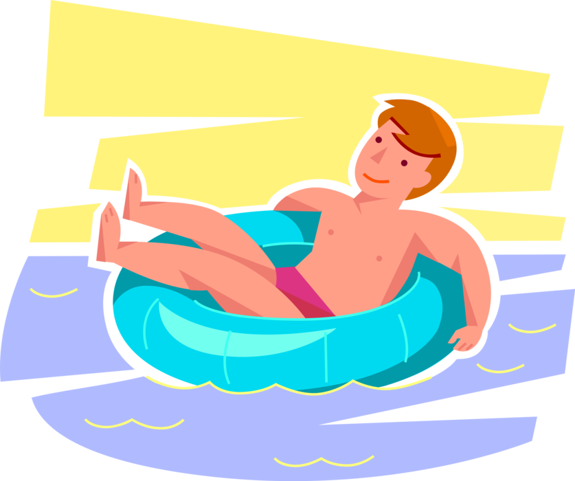 Vector Illustration of Young Boy Floats in Inflatable Inner Tube on Water in Summer