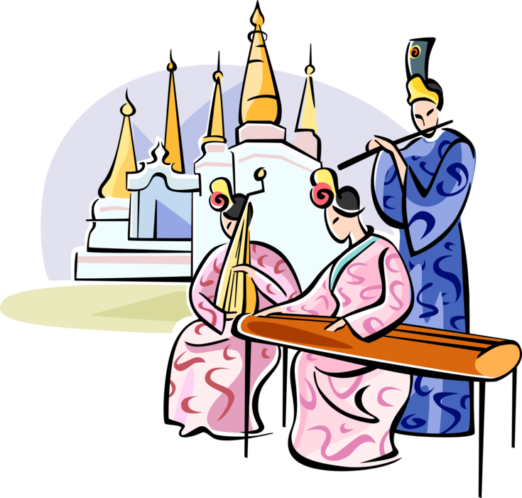 Vector Illustration of Chinese Musicians Play Musical Instruments in Traditional Costumes