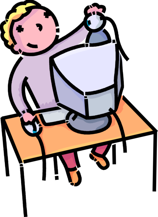 Vector Illustration of Primary or Elementary School Student with Computer Workstation and Webcam Camera in Videotelephony