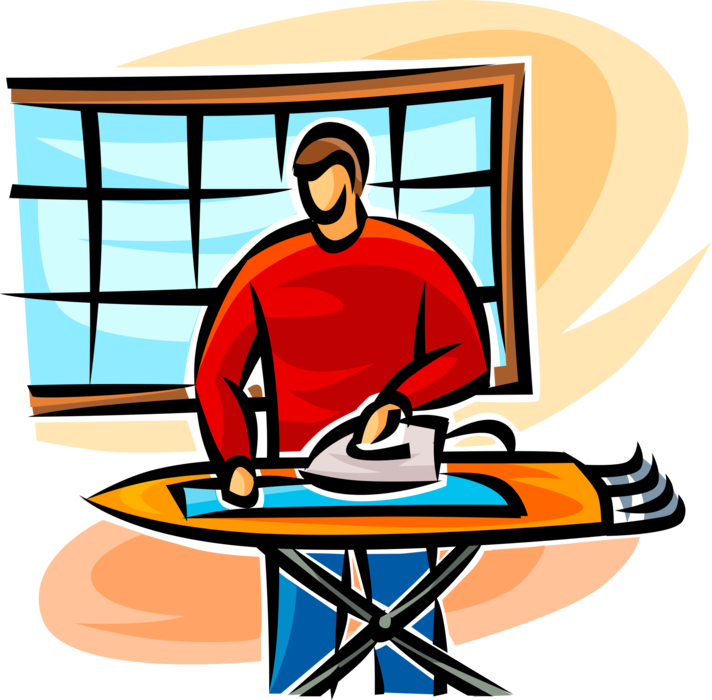 Vector Illustration of Man Ironing Clothes with Electric Iron and Ironing Board