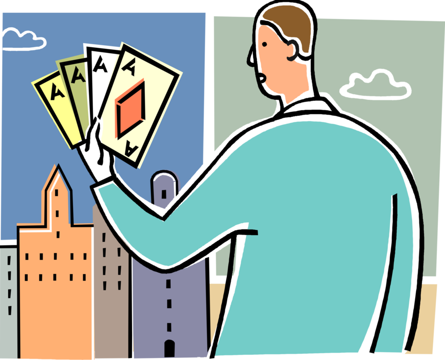 Vector Illustration of Gambler Holds Aces with Casino and Gambling Games of Chance Playing Cards