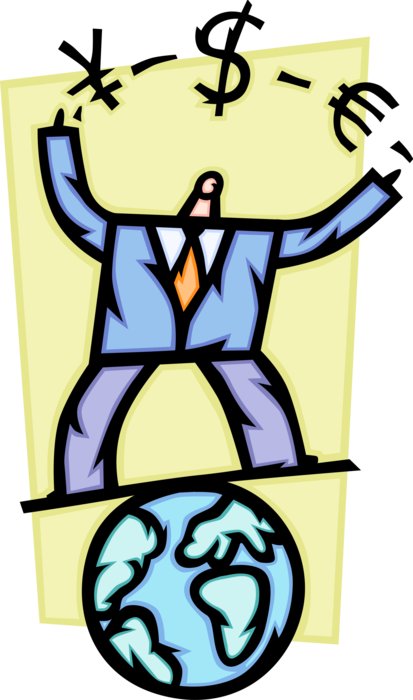 Vector Illustration of Businessman Balances on Top of World and Juggles Foreign Currency Investment Symbols