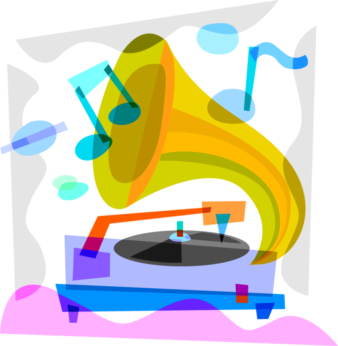 Vector Illustration of Gramophone Phonograph Record Player Plays Vinyl Record Music
