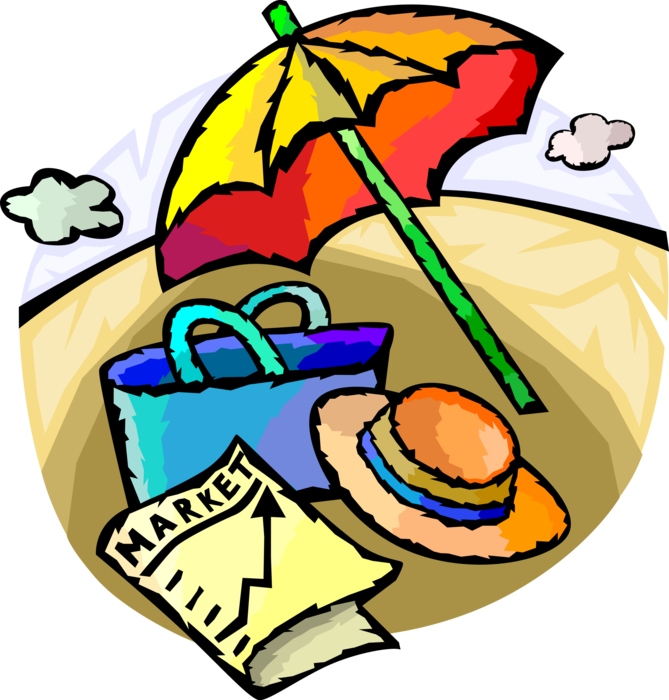 Vector Illustration of Holiday Vacation Away from Business at Beach with Umbrella, Beach Bag, Summer Hat and Stock Market News