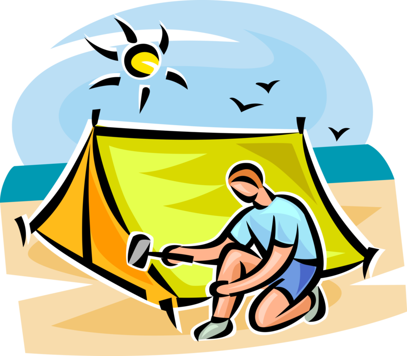 Vector Illustration of Outdoor Recreational Activity Camper Sets Up Camping Pup-Tent Shelter-Half Tent Shelter in Campground