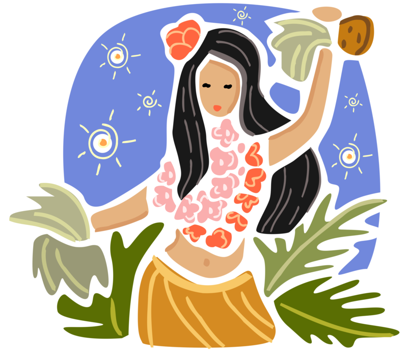 Vector Illustration of Hawaiian Hula Dancer Dancing in Grass Skirt with Flower Lei Garland