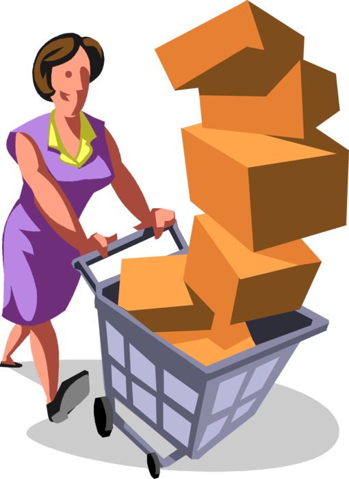 Vector Illustration of Businesswoman Pushes Shopping Cart Full of Cardboard Boxes