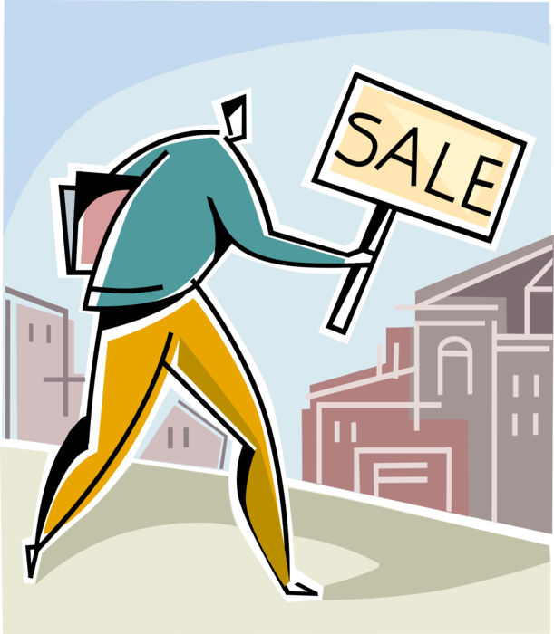 Vector Illustration of Commercial Real Estate Businessman Broker with Sale Sign in High Density Downtown Building Market
