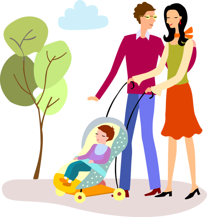 Vector Illustration of Young Married Couple Husband and Wife New Family Walking with Infant Child in Stroller