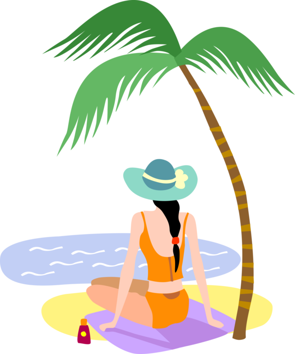 Vector Illustration of Holiday Vacation Tourist Relaxes at Beach with Sand, Sea, and Palm Tree