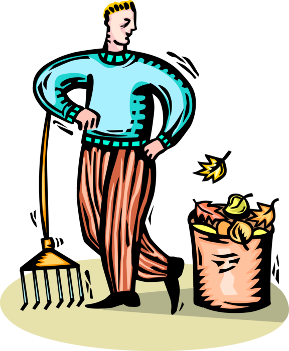 Vector Illustration of Lawn Care Worker Raking Fall Autumn Leaves with Rake