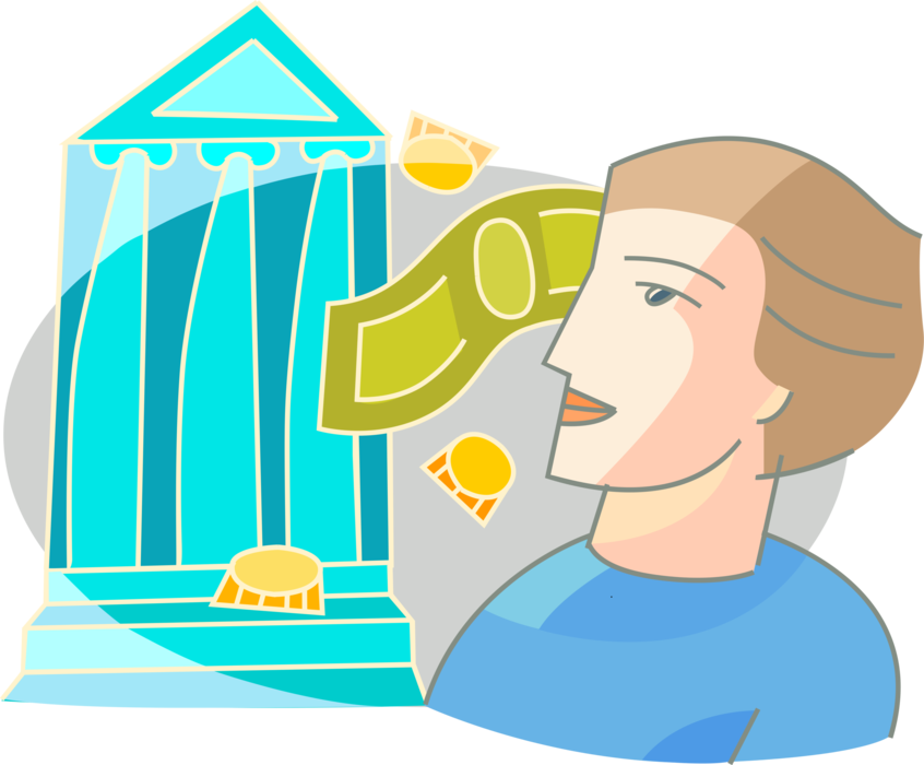 Vector Illustration of Investor with Financial Banking and Currency Symbols Cash Money Dollars and Coins