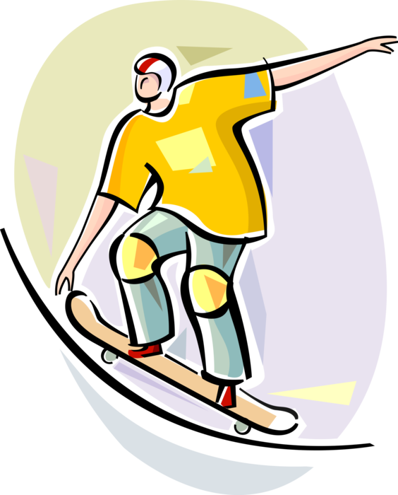 Vector Illustration of Skateboarder Kid with Skateboard Rides Half-Pipe Skateboarding Ramp