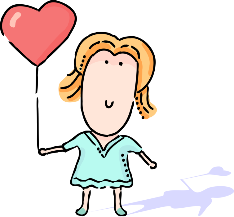 Vector Illustration of Woman with Love Heart Balloon on Valentine's Day