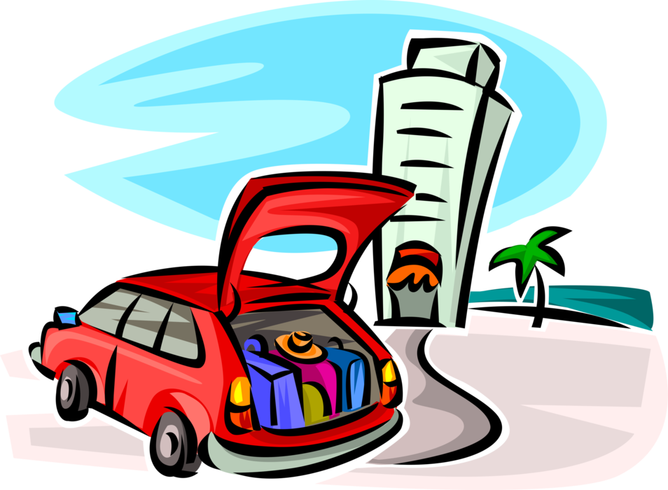 Vector Illustration of Family Vacation Holiday Automobile Car with Luggage Arrives at Beach Resort Hotel