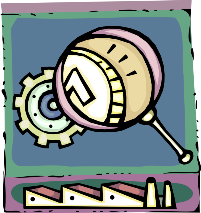 Vector Illustration of Magnifying Glass Investigates Industrial Manufacturing Factory Ability to Create Corporate Profits