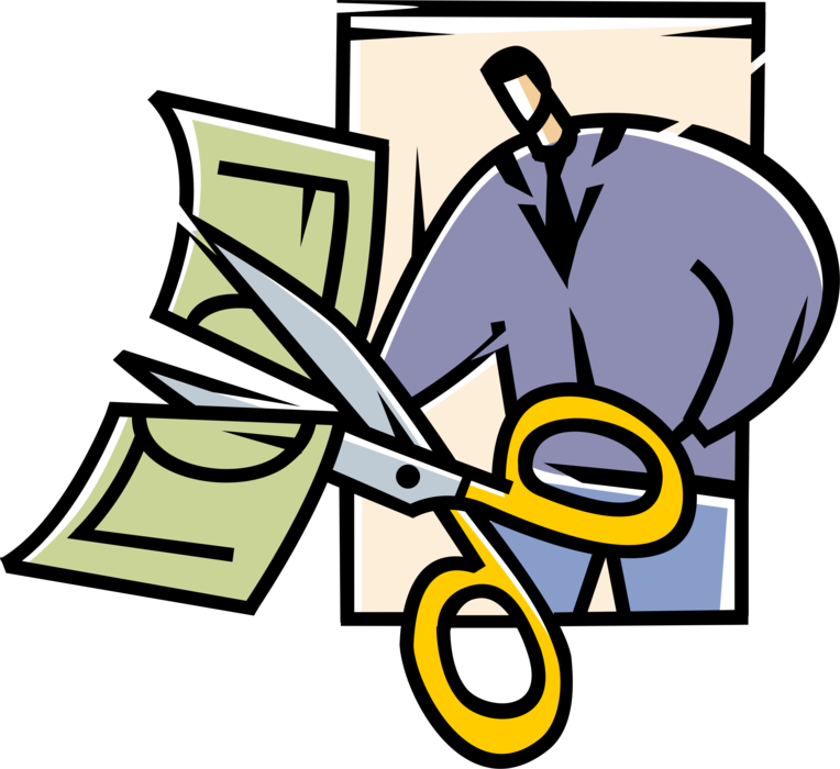 Vector Illustration of Businessman Cuts Corporate Finance Costs and Expenses Cash Money Dollar with Scissors