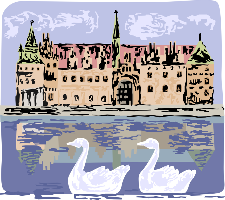 Vector Illustration of Frederiksborg Castle, Denmark Largest Renaissance Residence in Scandinavia with Swans