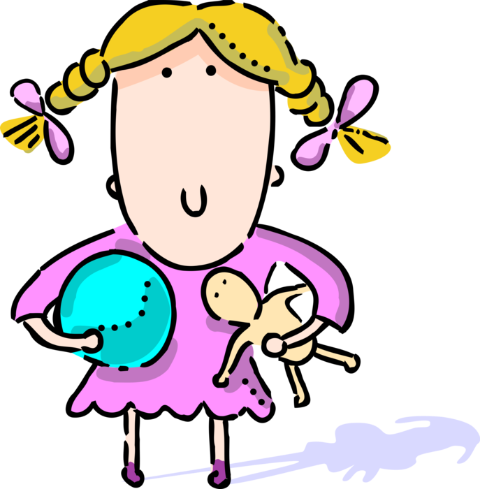 Vector Illustration of Young Child with Pigtails Plays with Doll and Ball