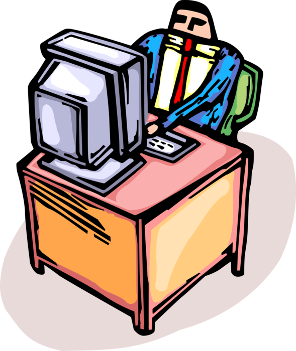 Vector Illustration of Businessman Works at Office Desk with Desktop Personal Computer