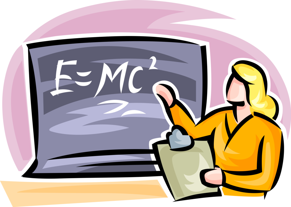 Vector Illustration of School Physics Teacher in Classroom Teaches Einstein's E=Mc2 Formula on Blackboard