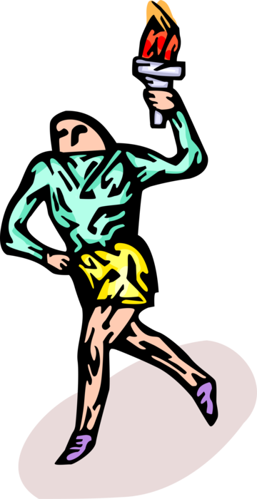 Vector Illustration of Track and Field Athletic Sport Contest Runner Running with Olympic Torch Flame