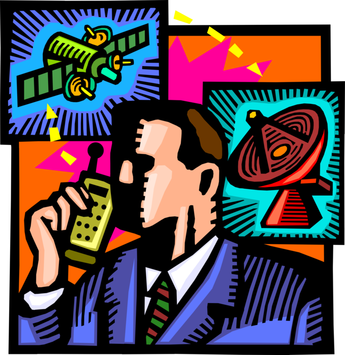 Vector Illustration of Businessman Talks on Mobile Cell Phone with Satellite Dish Parabolic Antenna Receiving Electromagnetic Signals