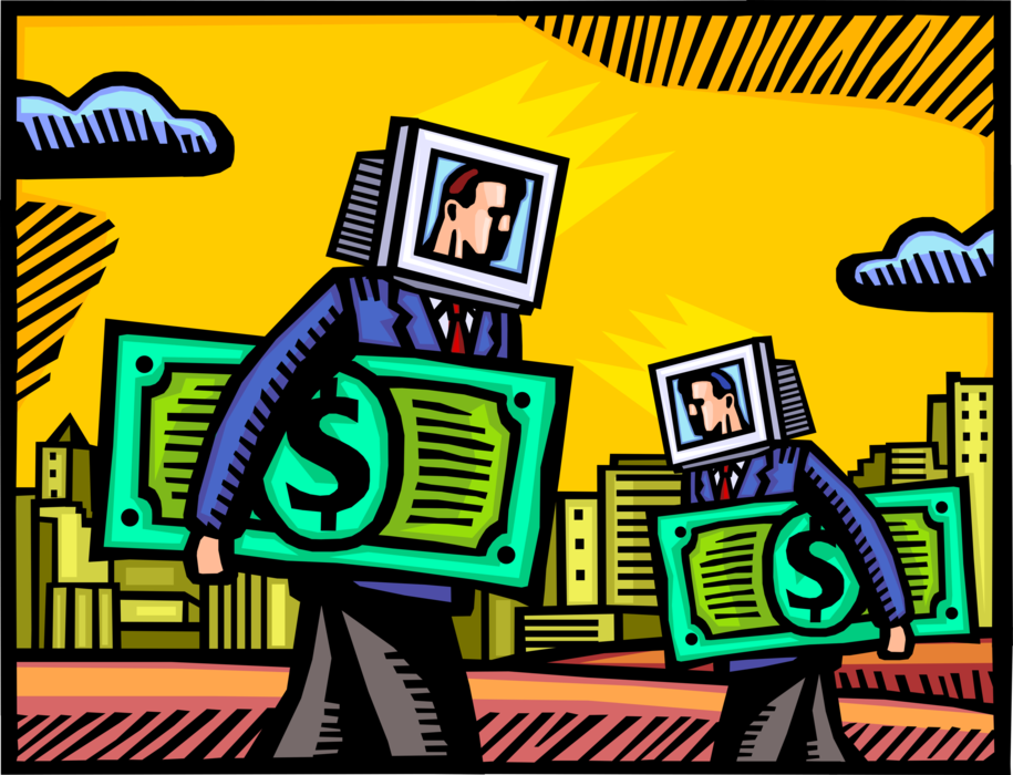 Vector Illustration of Businessmen Exploit Advanced Technology Tools to Achieve Corporate Financial Goals with Cash Money Dollars