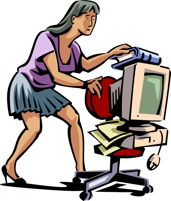 Vector Illustration of Businesswoman Receives Promotion at Work and Changes Offices with Files and Computer