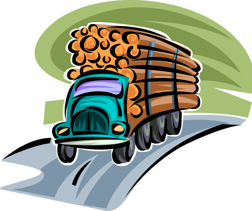 Vector Illustration of Forestry and Logging and Wood Processing Industry Transport Truck Delivers Tree Logs for Processing
