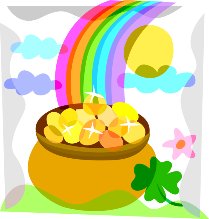 Vector Illustration of St Patrick's Day Irish Mythology Leprechaun's Pot of Gold Wealth and Riches with Rainbow