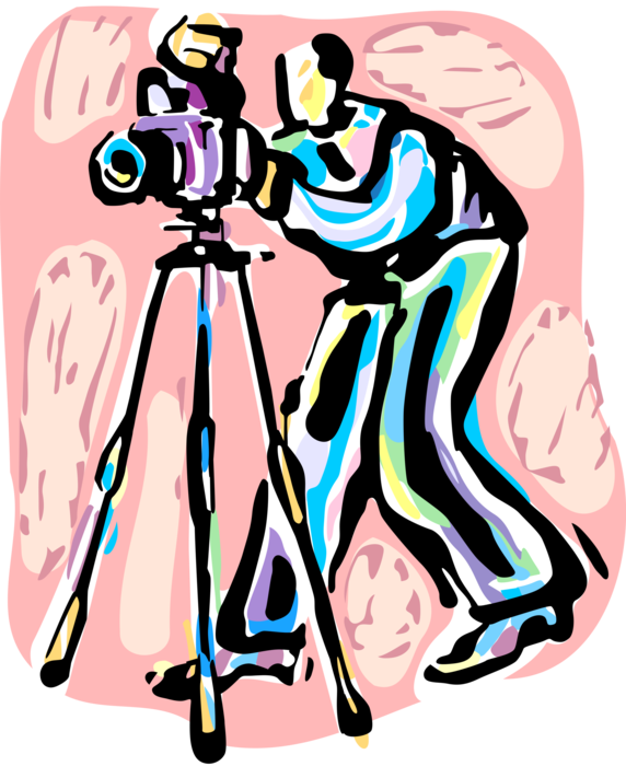Vector Illustration of Professional Photographer with Camera on Tripod Takes Photo
