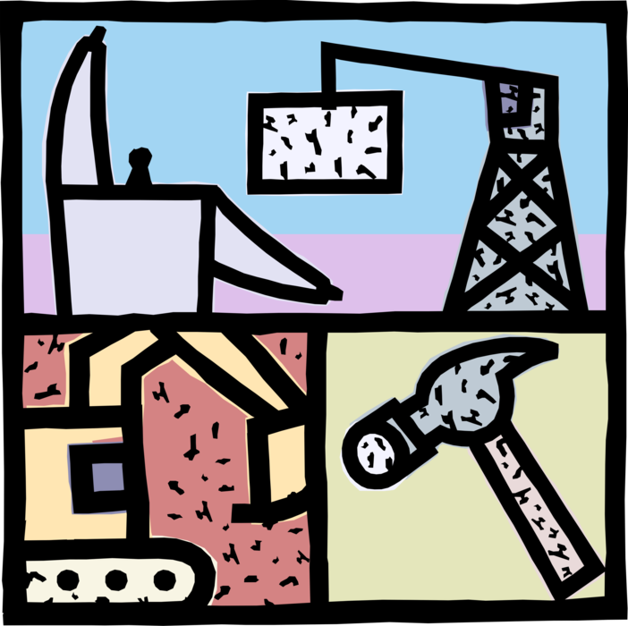 Vector Illustration of Building Construction Site Worker with Crane, Hammer, and Excavator Steam Shovel