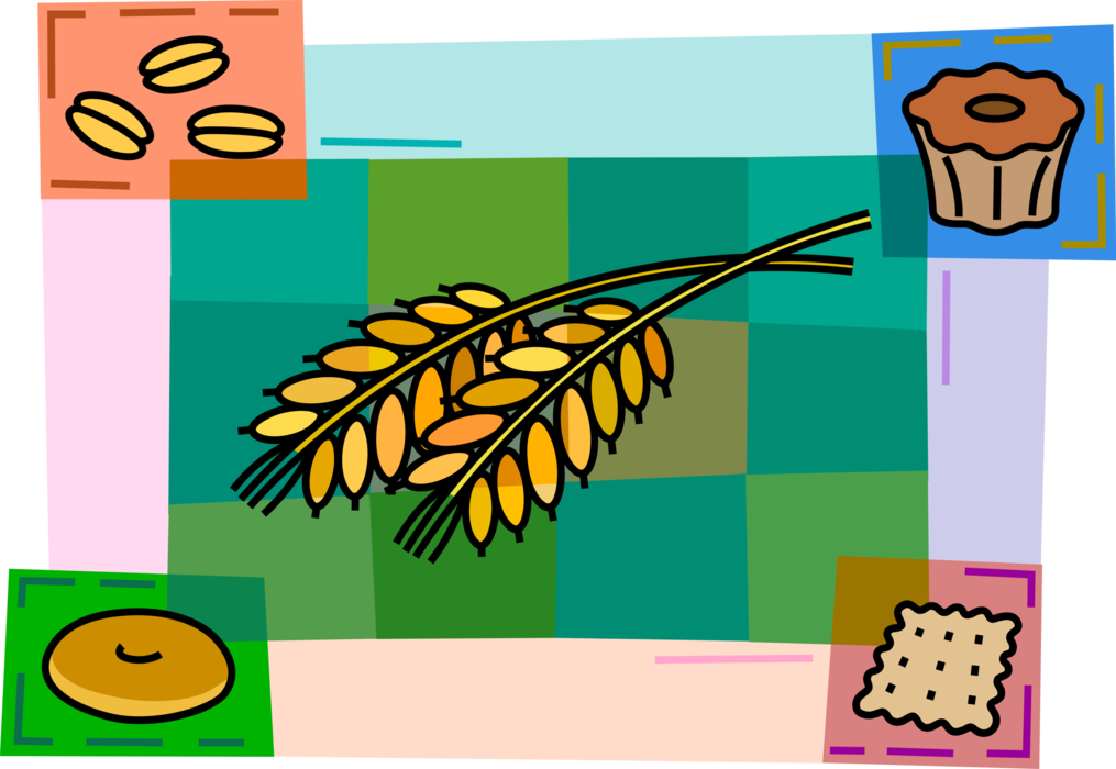 Vector Illustration of Wheat Grain Crop Harvest with Wheat Sheaves and Bakery Baked Goods