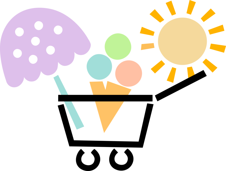 Vector Illustration of Gelato Ice Cream Vendor Cart with Umbrella Parasol, and Sunshine Sun