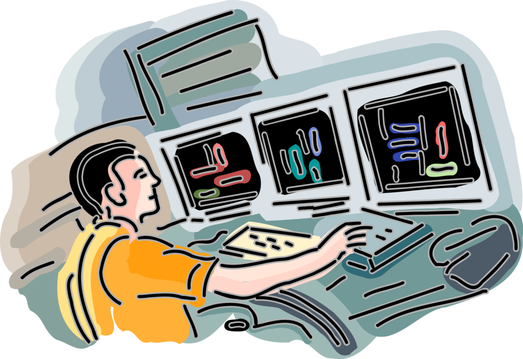 Vector Illustration of Industrial Manufacturing Factory Plant Control Room with Worker Managing Computer Control Systems