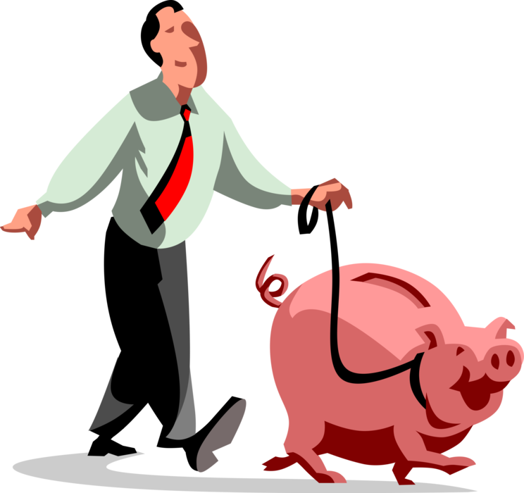 Vector Illustration of Businessman Walks Happy Obliging Cheerful Piggy Bank on Leash