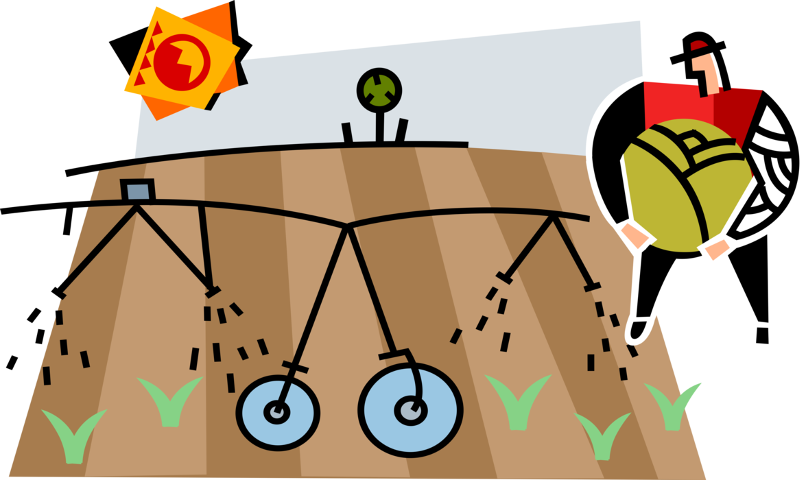 Vector Illustration of Farmer in Farm Field Manages Production and Crop Yield with Irrigation Watering System