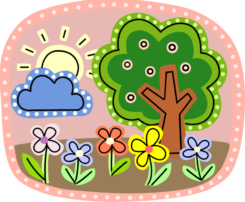 Vector Illustration of Deciduous Forest Tree with Summer Flowers, Sun and Clouds